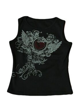 Graphic Winged Heart Black Tank Top